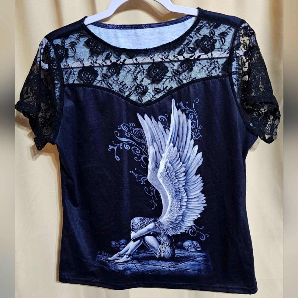 Black Lace Angel Graphic Top